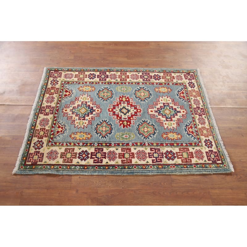 Light Blue Kazak Foyer Rug Hand-Knotted Traditional Wool Carpet - 2'11" x 3'11"