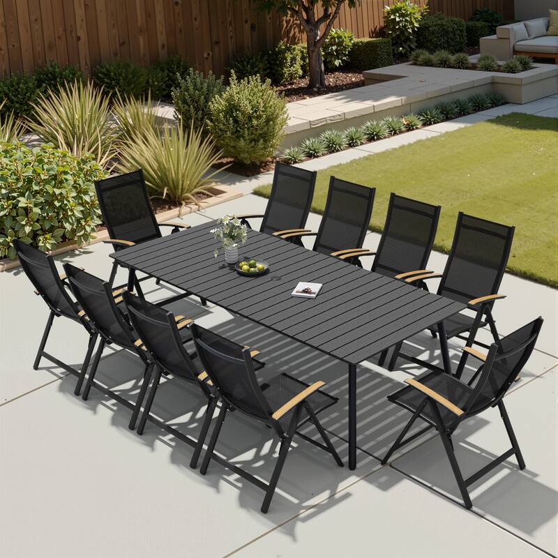 11-Piece Outdoor Patio Dining Set WPC Table Top Alumium Umbrella Hole Table with Folding Teak Armrest Chairs