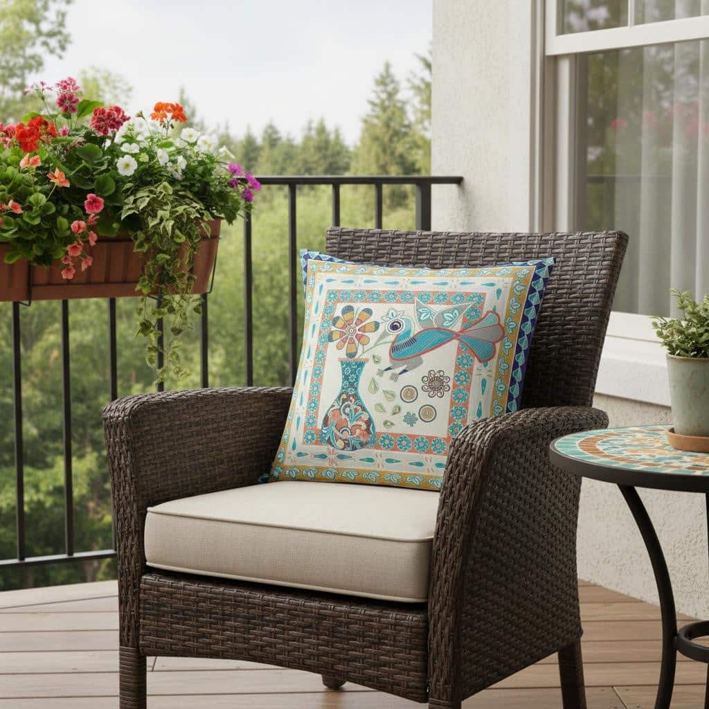 HomeRoots 26" x 26" Blue and Beige Peacock Blown Seam Floral Indoor Outdoor Throw Pillow - 26.00' X '5.00' X '26.00