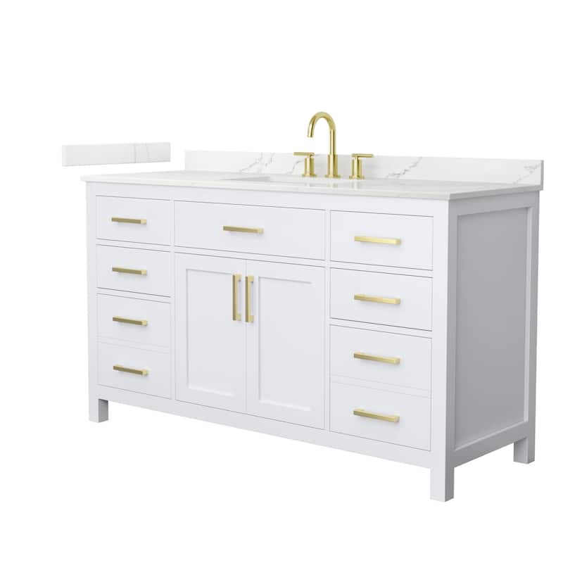 Wyndham Collection WCG2424-60S-QTZ-US3MXX Beckett 60" Free Standing - White / Giotto Quartz Top / Brushed Gold Hardware