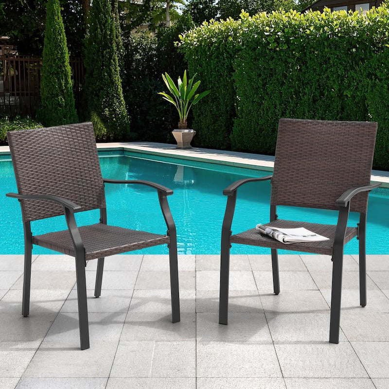 Outdoor Patio Iron Dining Chairs, All-Weather Wicker Material, Black