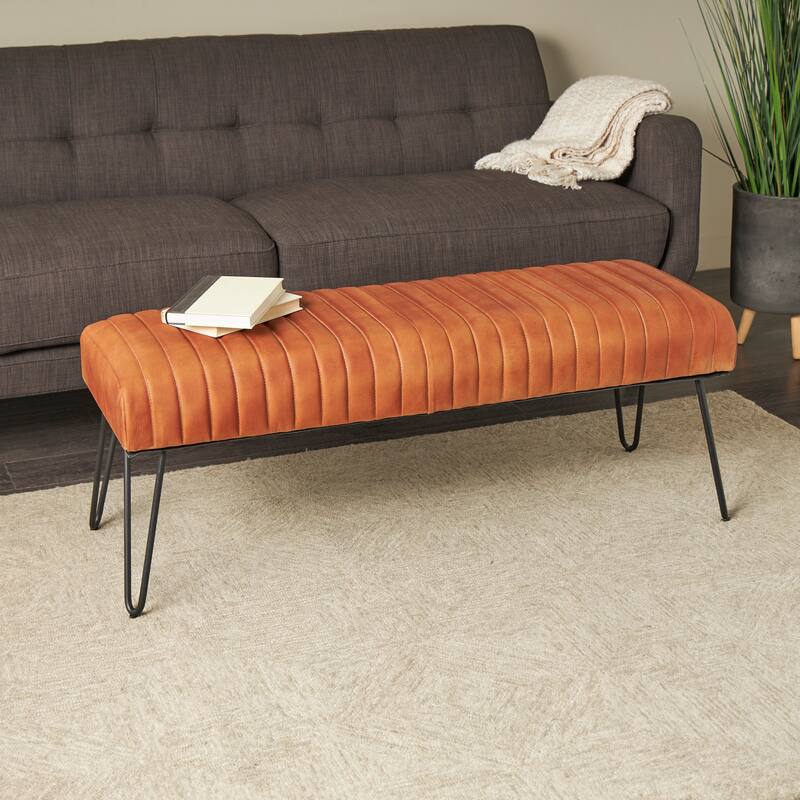 Brown Leather Upholstered Bench with Linear Tufted Panels and Black Metal Hairpin Legs - Brown