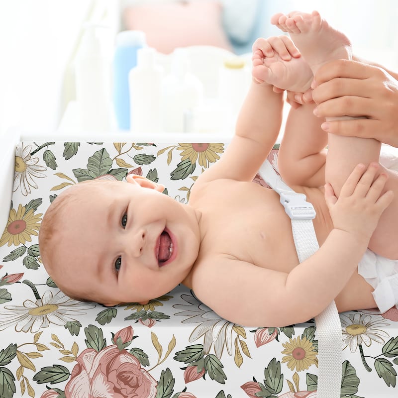 Sweet Jojo Designs Blush Pink Yellow Vintage Floral Boho Girl Changing Pad Cover Sheet White Bohemian Shabby Chic Farmhouse Rose