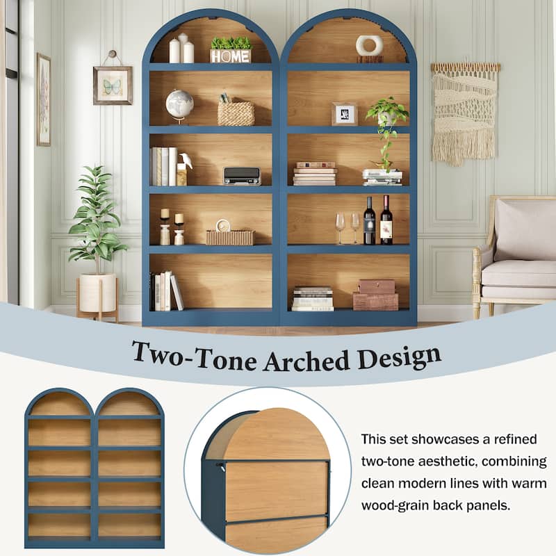 Set of 2 Farmhouse Tall Bookshelves with Arched Top, 5-Tier Open Storage Display Cabinet for Living Room
