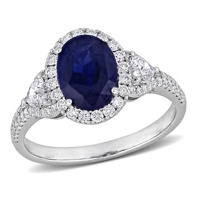 Miadora 2 1/5ct TGW Oval-Cut Blue Sapphire 7/8ct TDW Heart-Cut Diamonds Halo Ring in 14k White Gold
