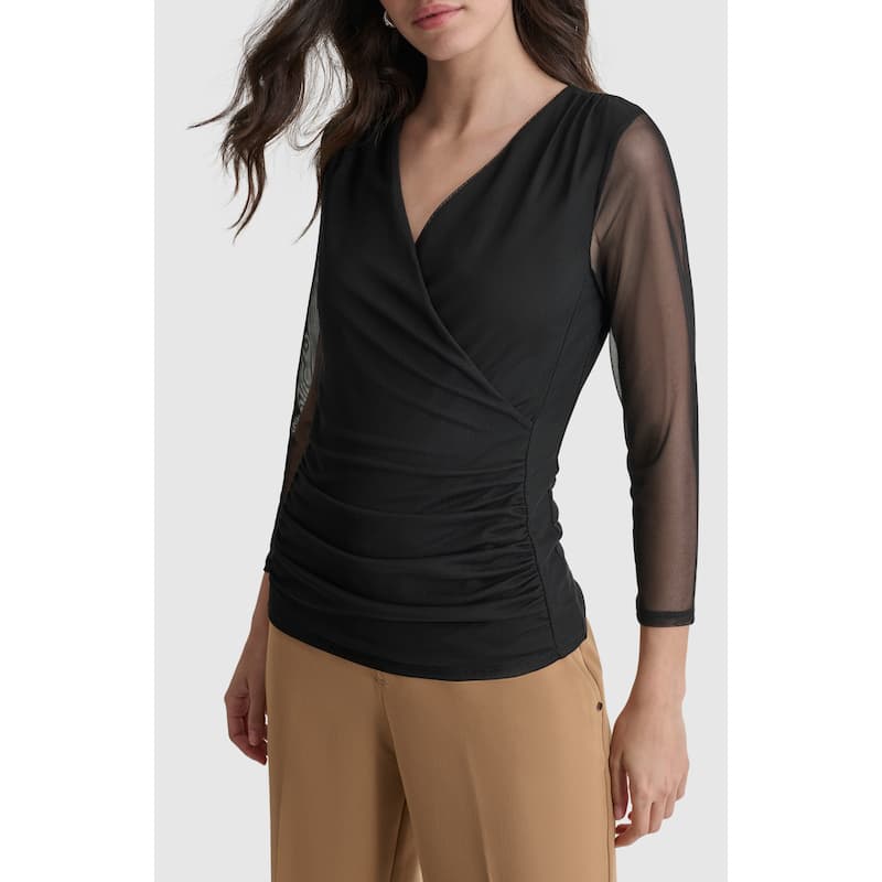 DKNY Mesh Faux Wrap Top