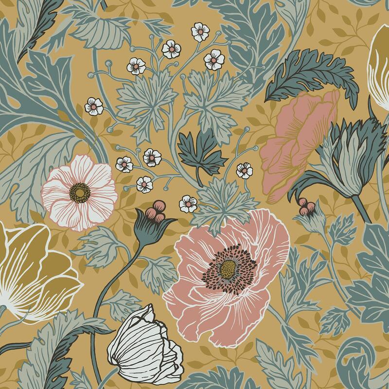 Malakoff, Anemone Light Grey Floral 33 ft L X 20.5 in W, Wallpaper. - Mustard
