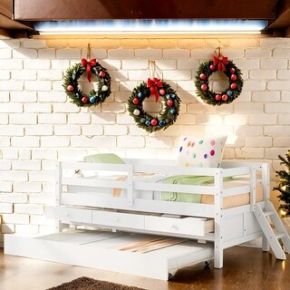 Twin Size Low Bunk Bed with Storage Drawers and Trundle, No Box Spring Needed