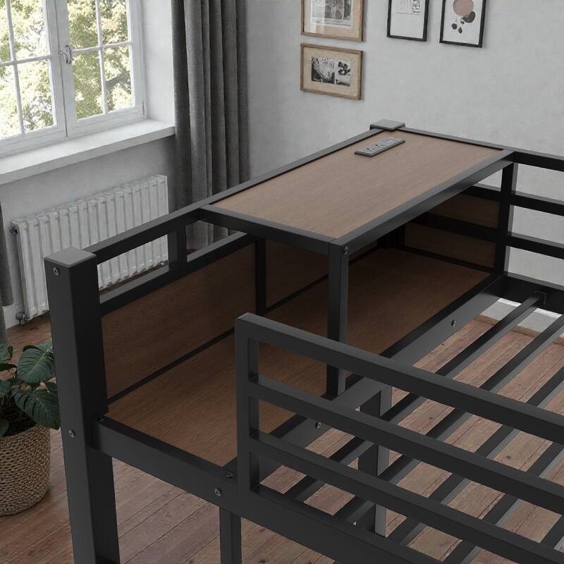 Twin/Full Metal Bunk Bed with Storage Shelves, Drawers, LED Light Strip, USB Power Outlet & Sturdy Guardrail Design