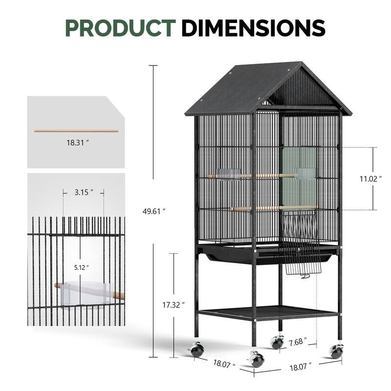 51in Wrought Iron Rolling Bird Cage, Large Flight Cage with Roof-top & Bottom Shelf, for Parrots Cockatiels Small/Medium Birds