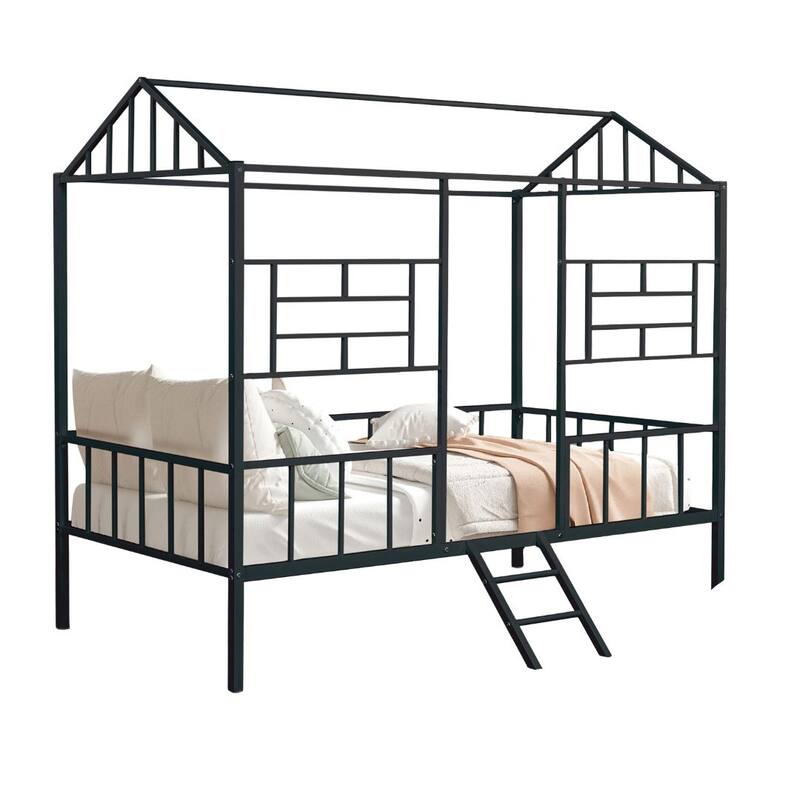 Black Twin Bunk Bed with House Design and Full Metal Construction