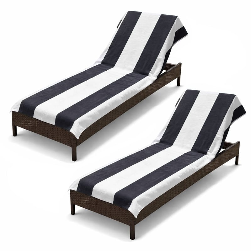 100% Cotton Cabana‑Stripe Lounge Chair Cover Terry Towel with Fitted Pocket & Back Flap Set of 2