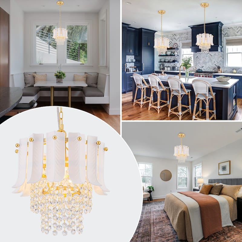 Brushed Gold Crystal Pendant Light with White Ceramic Shades Dining - Dia.9.84-in