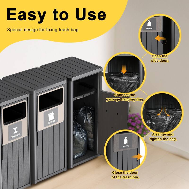 Outdoor Tripple Barrel Trash Can,Waterproof Resin Garbage Can with Garbage Labels,Durable Waste Bin for Porch, Backyard