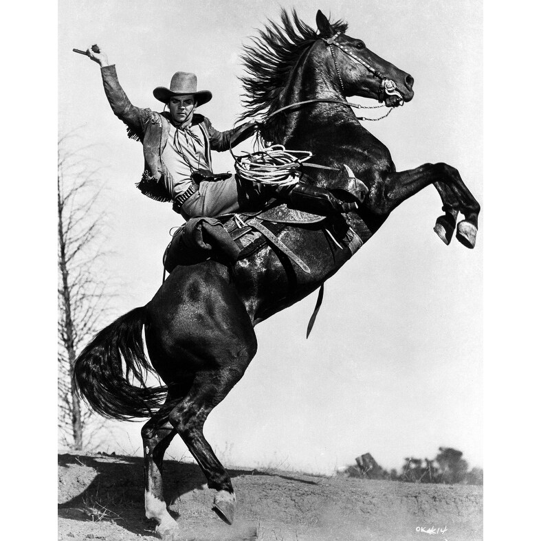 James Cagney Rode on a Black Horse in Long Sleeve Coat and Cowboy Hat with  Right Hands Raise Up Photo Print