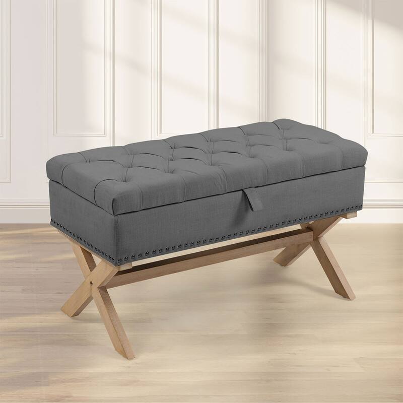 Antique Dark Grey Linen Rectangle Button-Tufted Ottoman