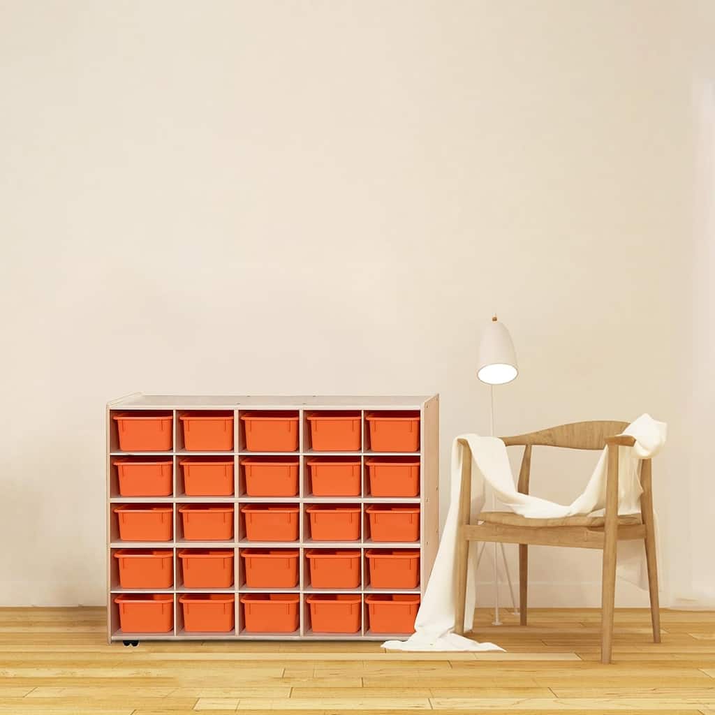 Contender 25 Cubby Storage Shelving Unit With Orange Bins, Daycare Organizer For Toys, Puzzles and Craft Supplies