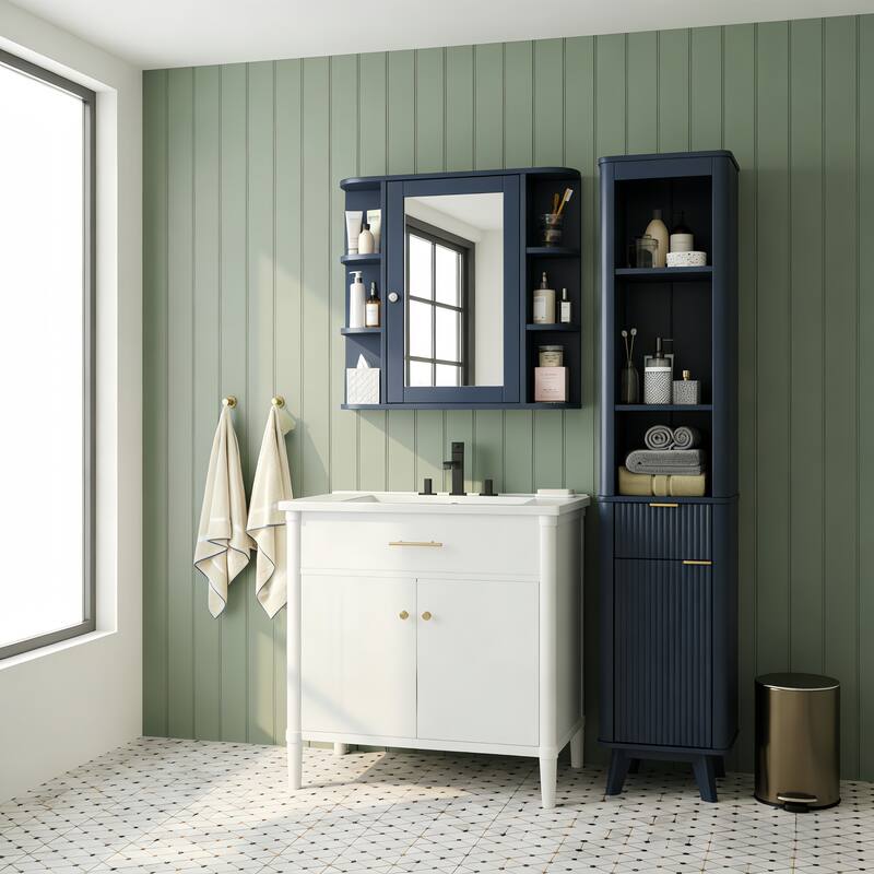 Bathroom Wall Storage Cabinet with Mirror, with Adjustable Wood Shelf & Doors, Mounted Storage Cabinets with 6 Open Shelves