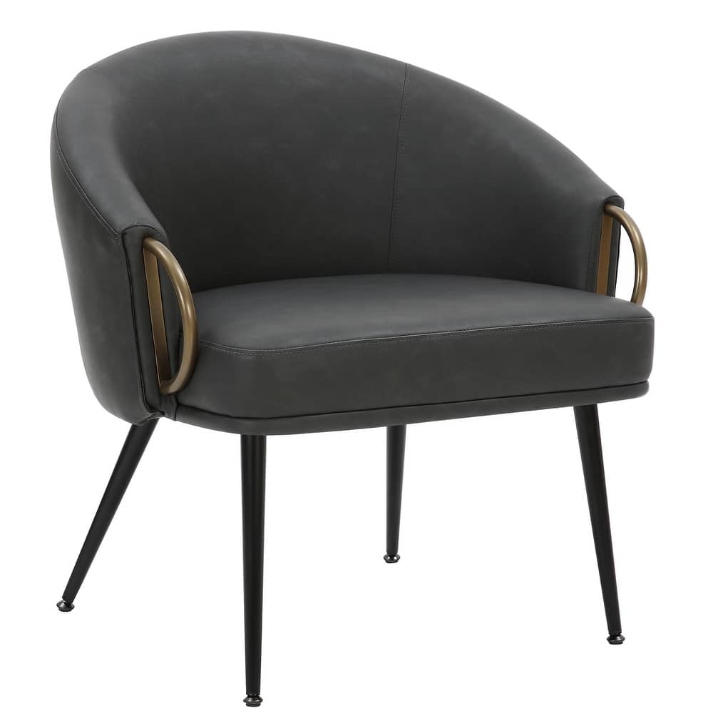 Mid-Century Modern Faux Leather and Metal Accent Chair - Vintage Charcoal and Black and Aged Gold