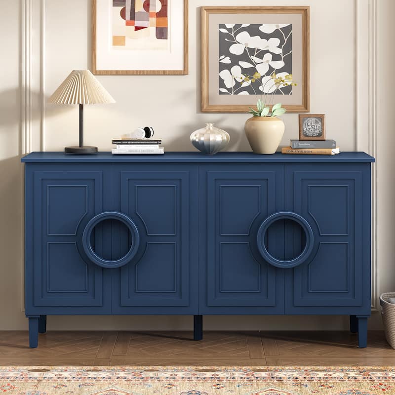 Sideboard Cabinet with Round Ring Handle, Wood Storage Cabinet with Adjustable Shelf, Console Table with 4 Doors