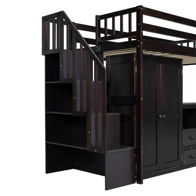 Twin Loft Bed with Staircase & Study Station and 5-in-1 Storage, 300lb Capacity
