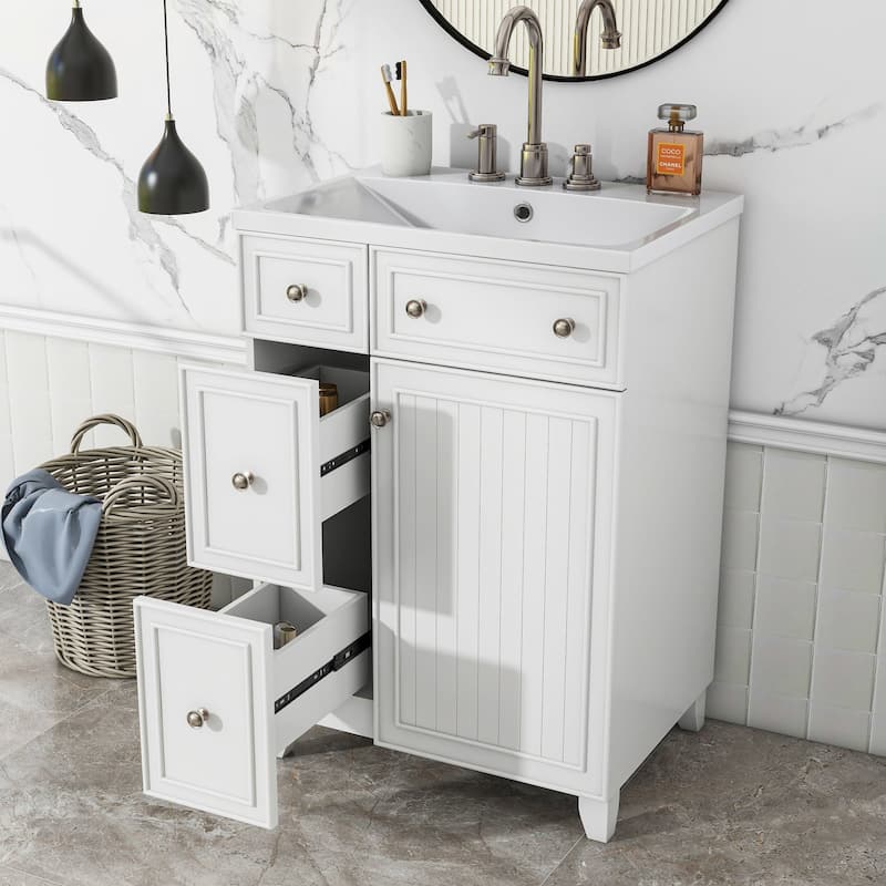 24 inch Freestanding Bathroom Vanity Set in White with Integrated Ceramic Sink
