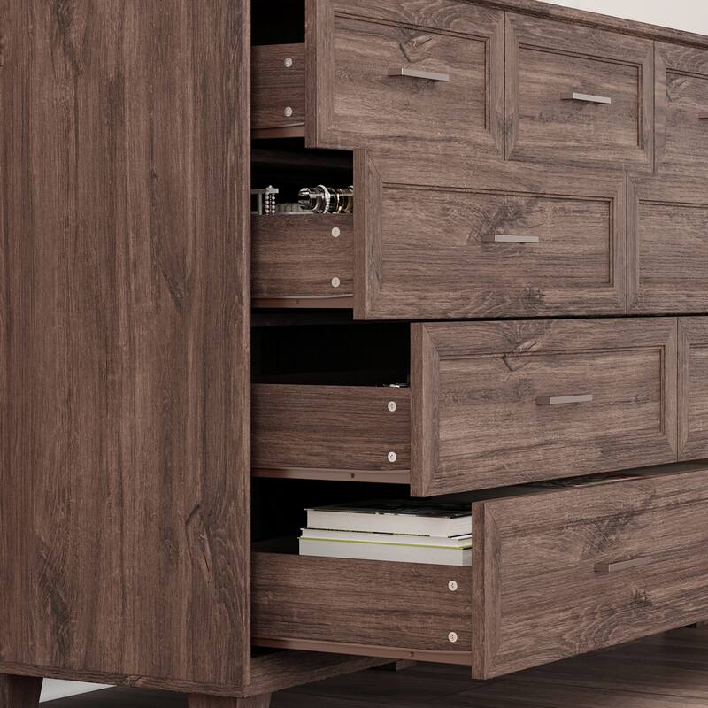 Modern 9-Drawer Dresser with Solid Wood Legs, Vintage Brown and White Wood Grain Options, Bedroom Storage Chest