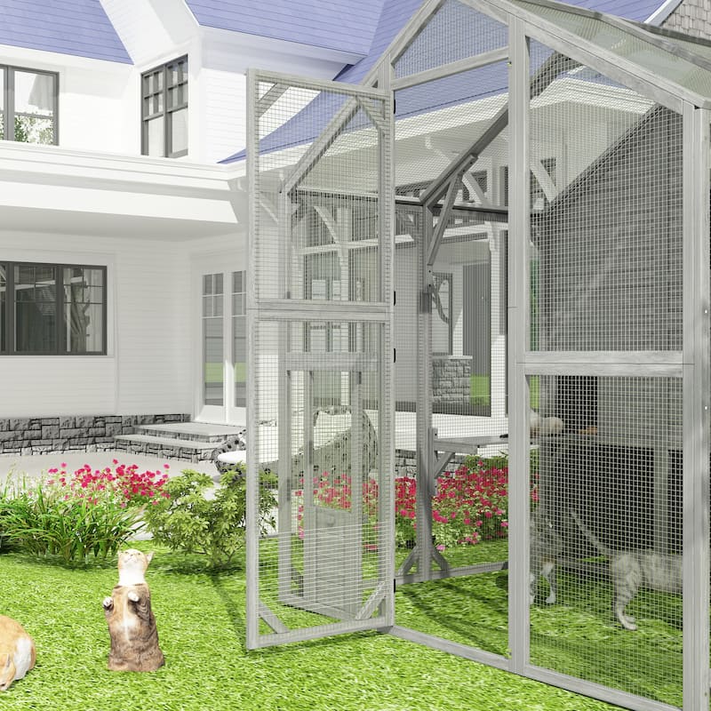 Large Outdoor Wooden Chicken Coop & Cat Enclosure with Run, 2 Colors Pet Cage