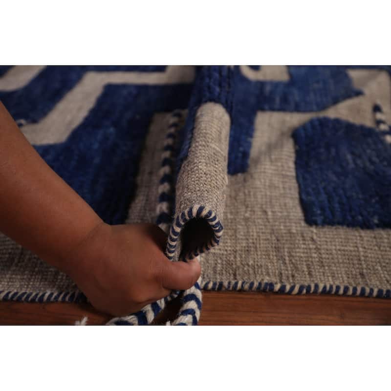 Blue Geometric Moroccan Modern Large Area Rug Hand-Knotted Wool Carpet - 11'8"x 15'6"