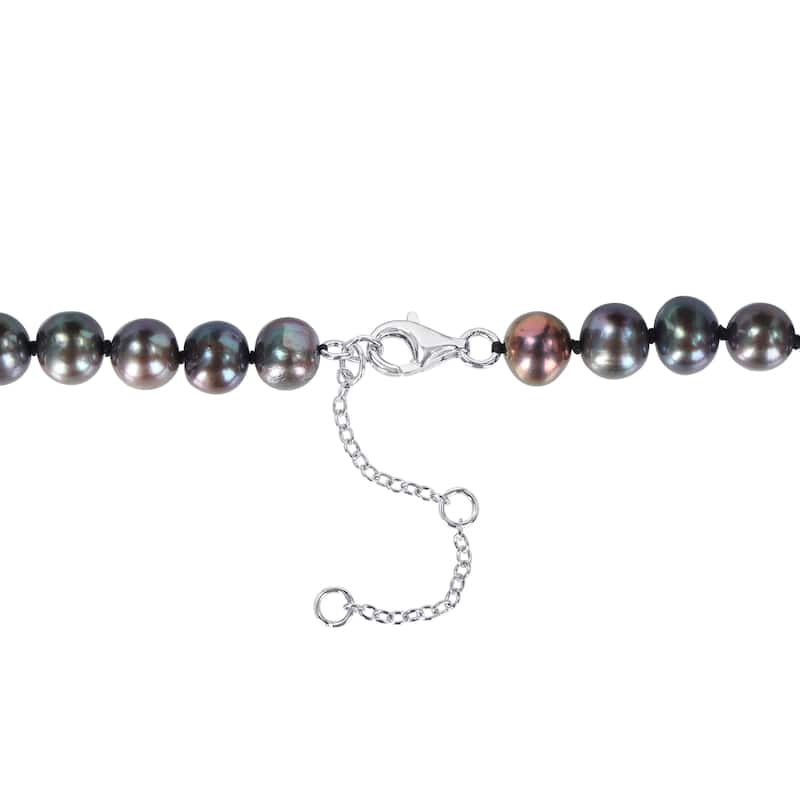 Miadora 7-7.5mm Black Cultured Freshwater Pearl and Black Agate Men's Necklace in Sterling Silver