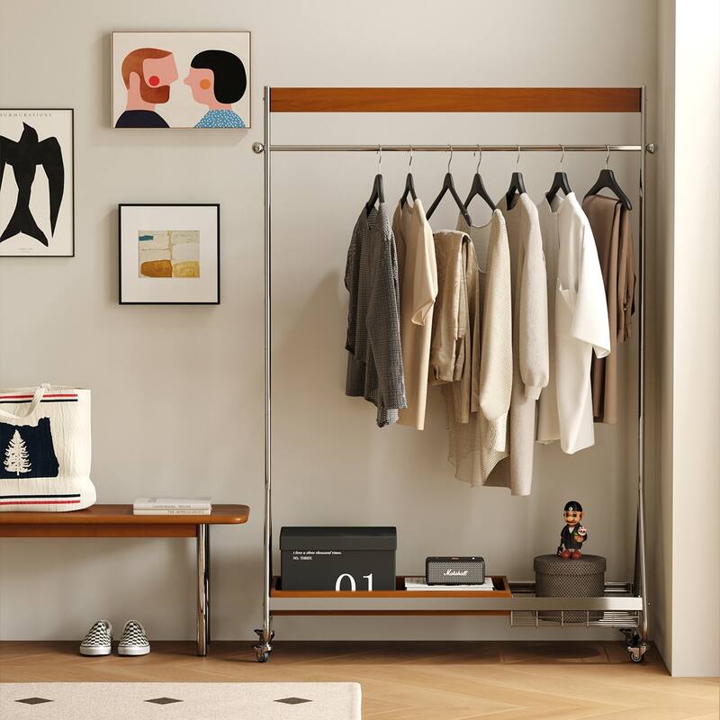 Antique American Style Clothes and Hat Rack with Storage Shelf, Portable Stainless Steel Floor Stand