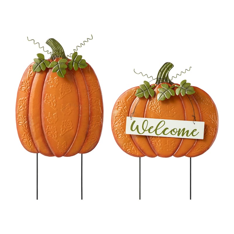 Glitzhome Set of 2 Fall Metal Embossed Glitter Pumpkin Porch Decor - Yellow