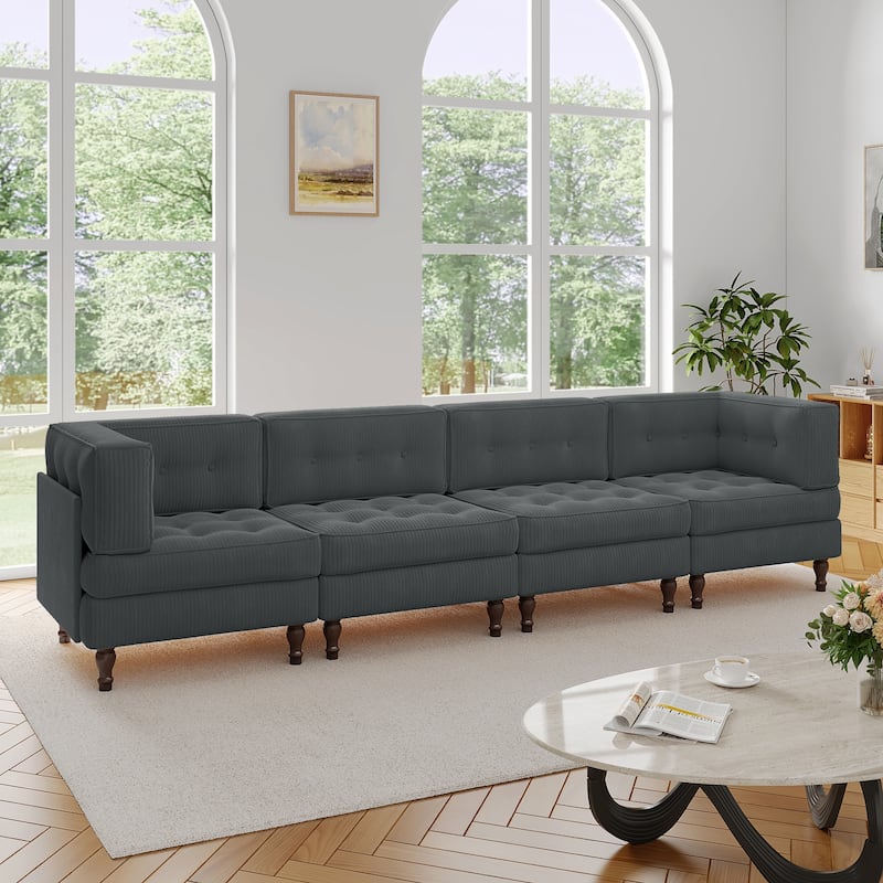 UIXE 4-Piece Corduroy Upholstered Modular Sectional Sofa for Living Room - Grey