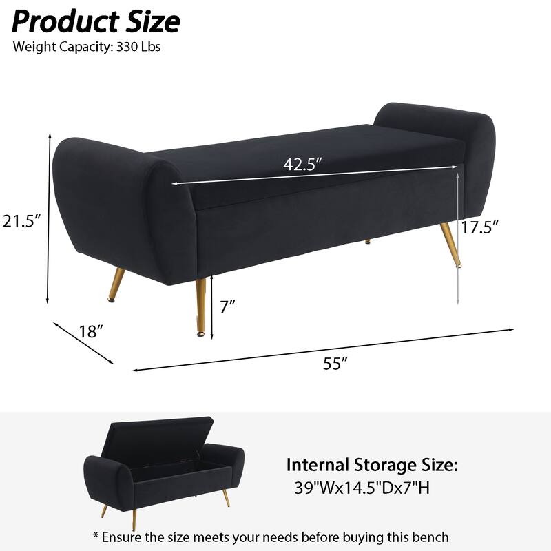 Upholstered 55"W Flip Top Storage Bench Bedroom Bench Modern End of Bed Bench for Entryway Hallway Window with Gold Legs