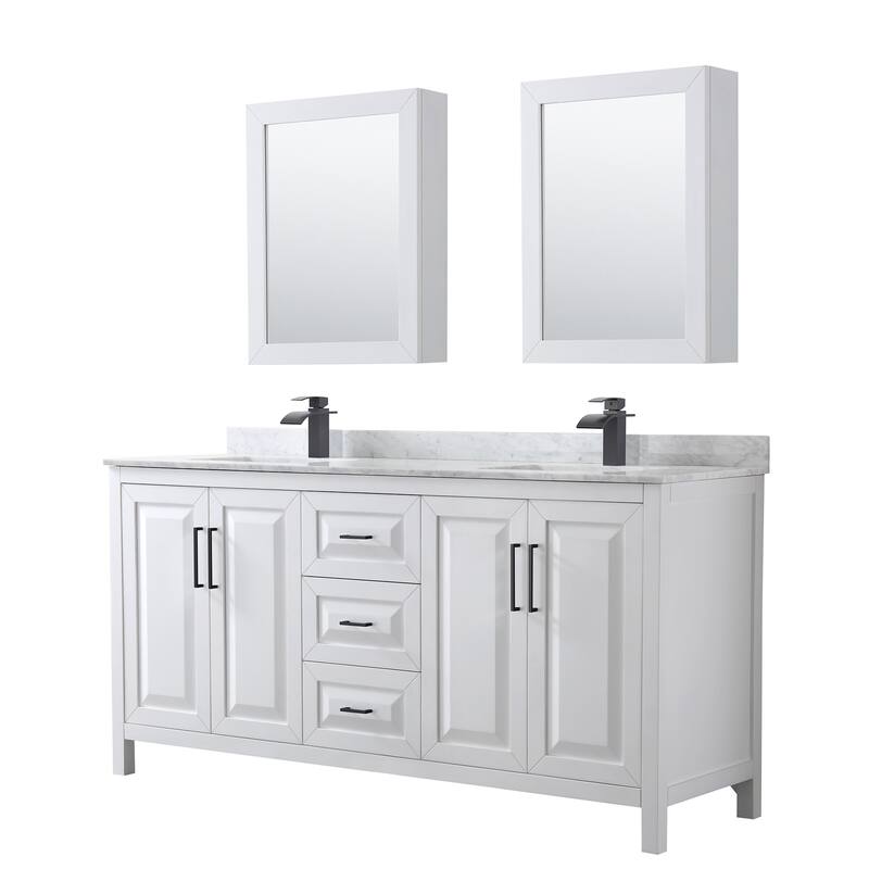 Wyndham Collection Daria 72" Free Standing Double Vanity Set with MDF - White / White Carrara Marble Top / Matte Black - Painted