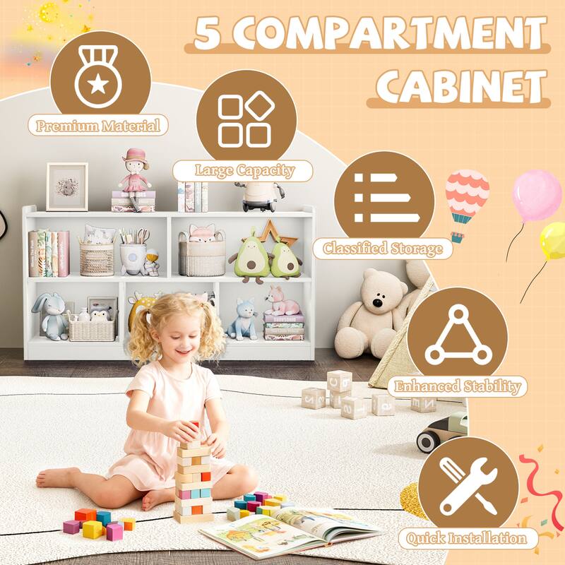 Wooden Storage Cabinet with 5 Sections, Montessori Kids Bookshelf and Toy Organizer for Nursery, Playroom & Classroom