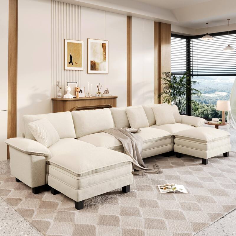 MAISON ARTS Modular Cloud Sectional Sofa, Comfy L- or U-Shaped Couch with Ottomans & Pillows, 4–6 Seat Living Room Sofa - Beige Chenille(6 Pieces) - Symmetrical
