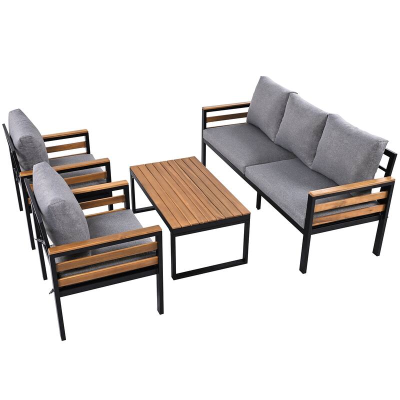 4-Piece Outdoor Sofa Set with Acacia Wood Armrests & Coffee Table, for 5 People