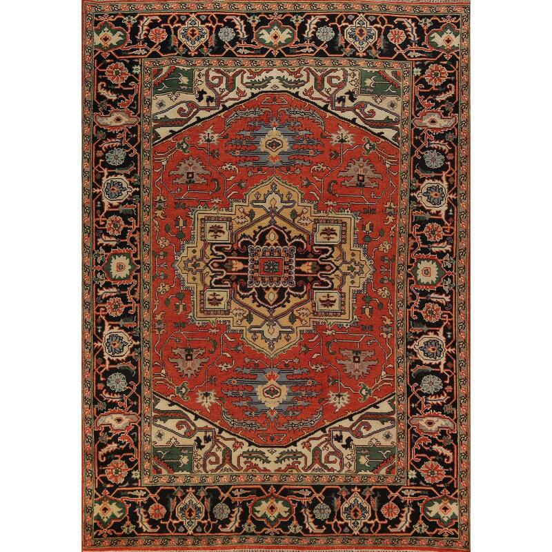 Geometric Heriz Serapi Indian Area Rug Handmade Orange Wool Carpet - 8'9"x 11'10"