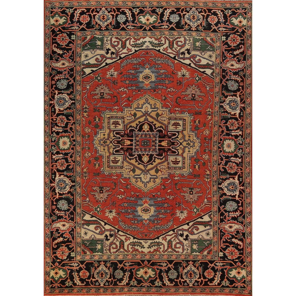Geometric Heriz Serapi Indian Area Rug Handmade Orange Wool Carpet - 8'9"x 11'10"