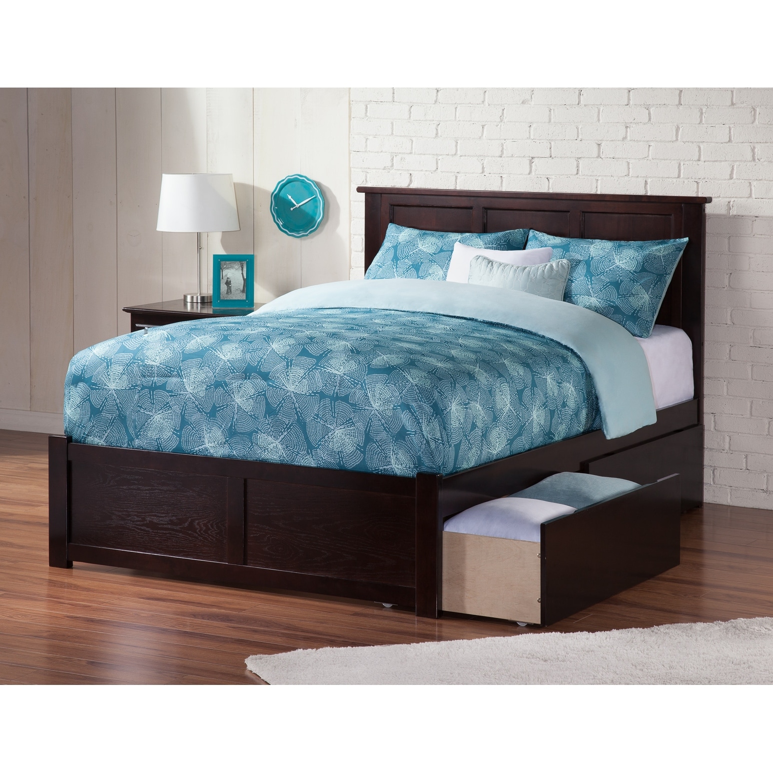 Madison Full Solid Wood Platform Bed with Footboard & 2 Storage Drawers in Espresso