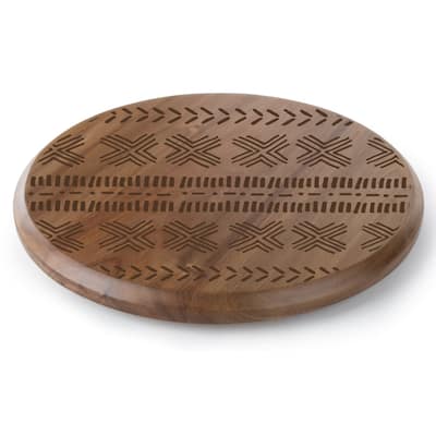 Tribal Pattern Round Acacia Wood Lazy Susan Turntable 14" Diameter for Serving Kitchen Organization Condiment Caddy