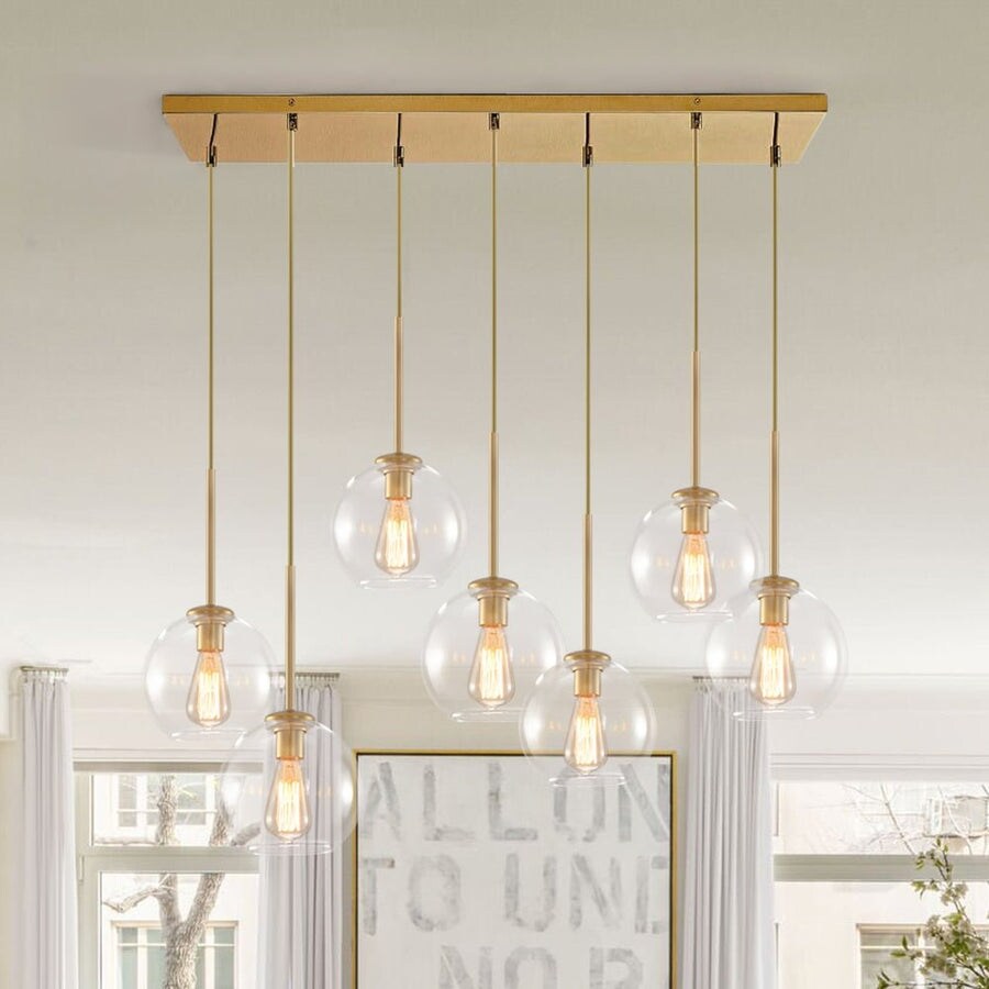 7 Light Cluster Glass Globe Kitchen Island Pendant Mid century Brass