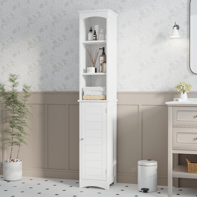 64.17"Tall Bathroom Storage Cabinet with Adjustable Shelves,Slim 1 Doors Freestanding Cabinet with Anti-Tip, Open compartments