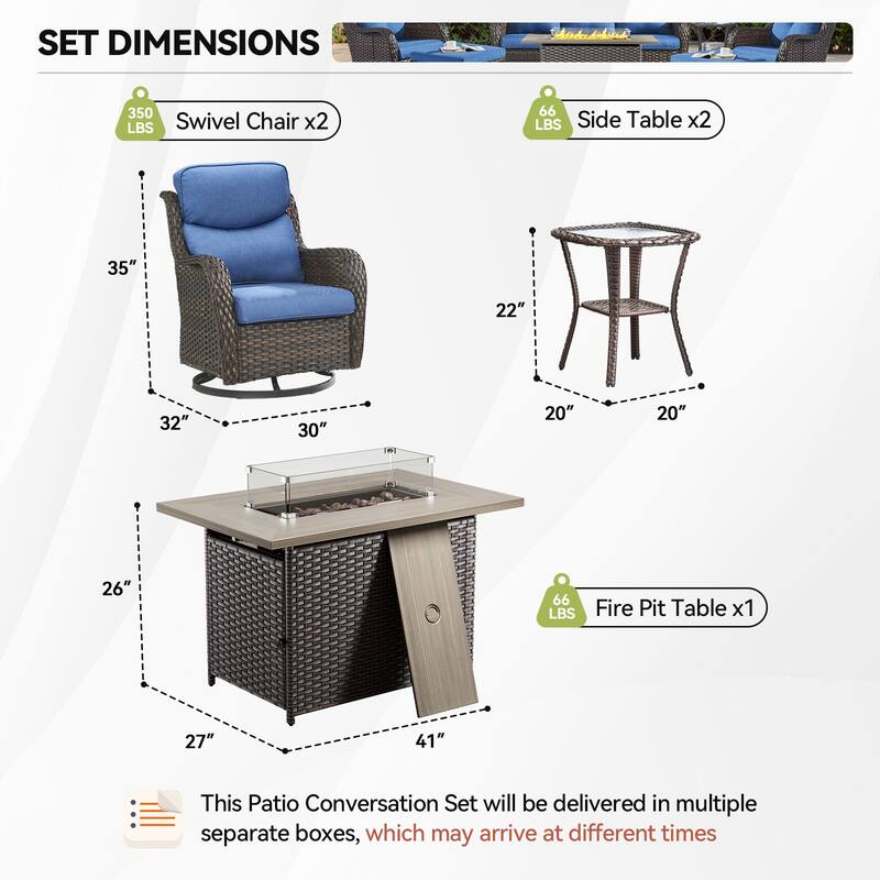7 Pieces Outdoor Swivel Chairs Fire Pit Table with 5-Inch Thick Cushions