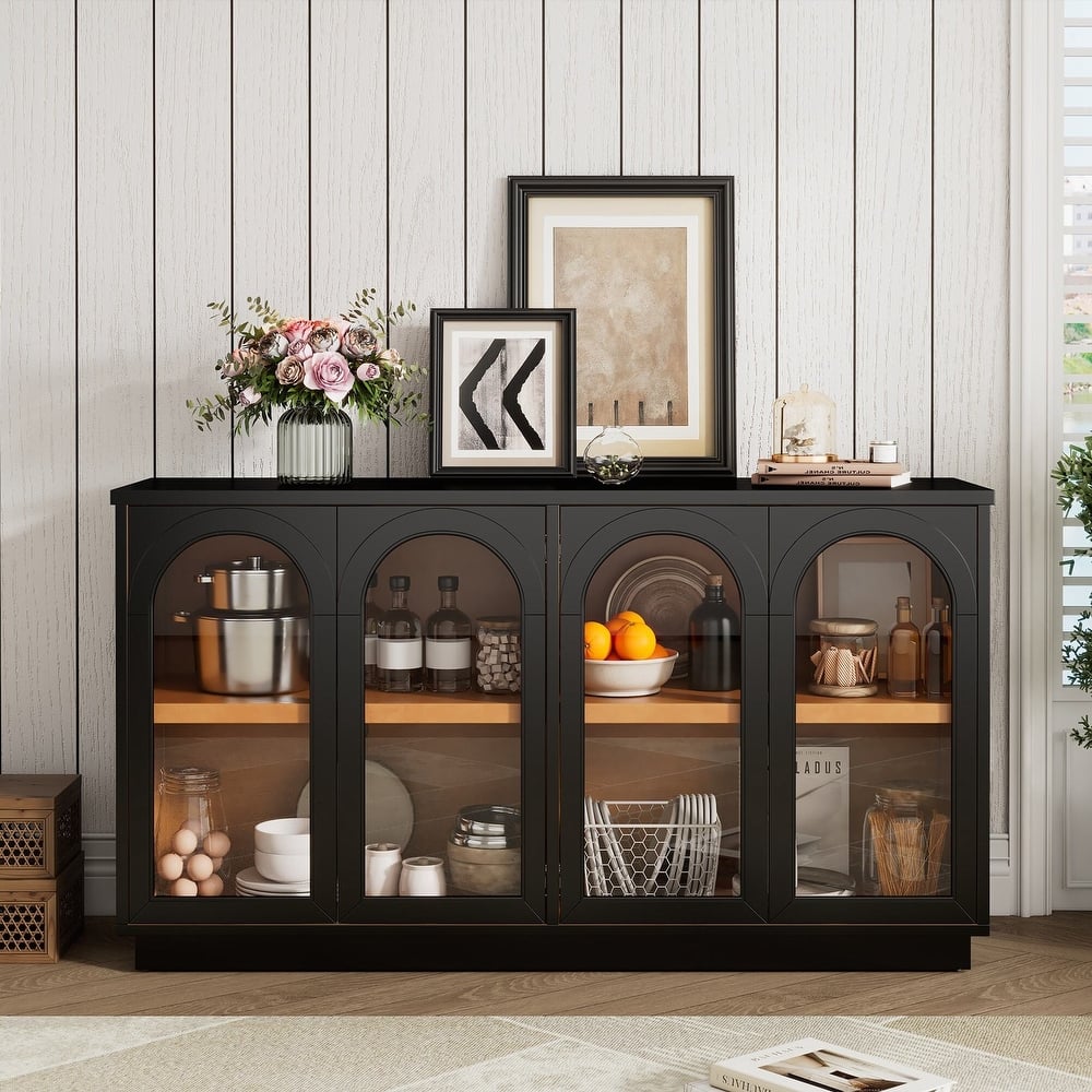 4-Door Large Storage Buffet Cabinet with Glass Doors, Arched Cabinet with Adjustable Shelves for Kitchen, Dining Room
