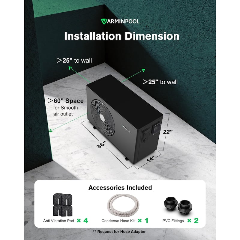 Electric Pool Heat Pump 30000 BTU Pool Heater for 8000 Gallon Pools with WiFi Control - 35.51"L x 13.88"W x 21.98"H