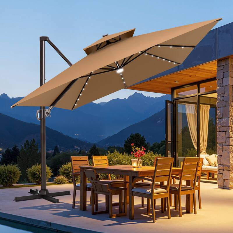 10 FT x 13 FT Outdoor Rectangular Solar LED Lighted Double Top Patio Cantilever Umbrella - Tan