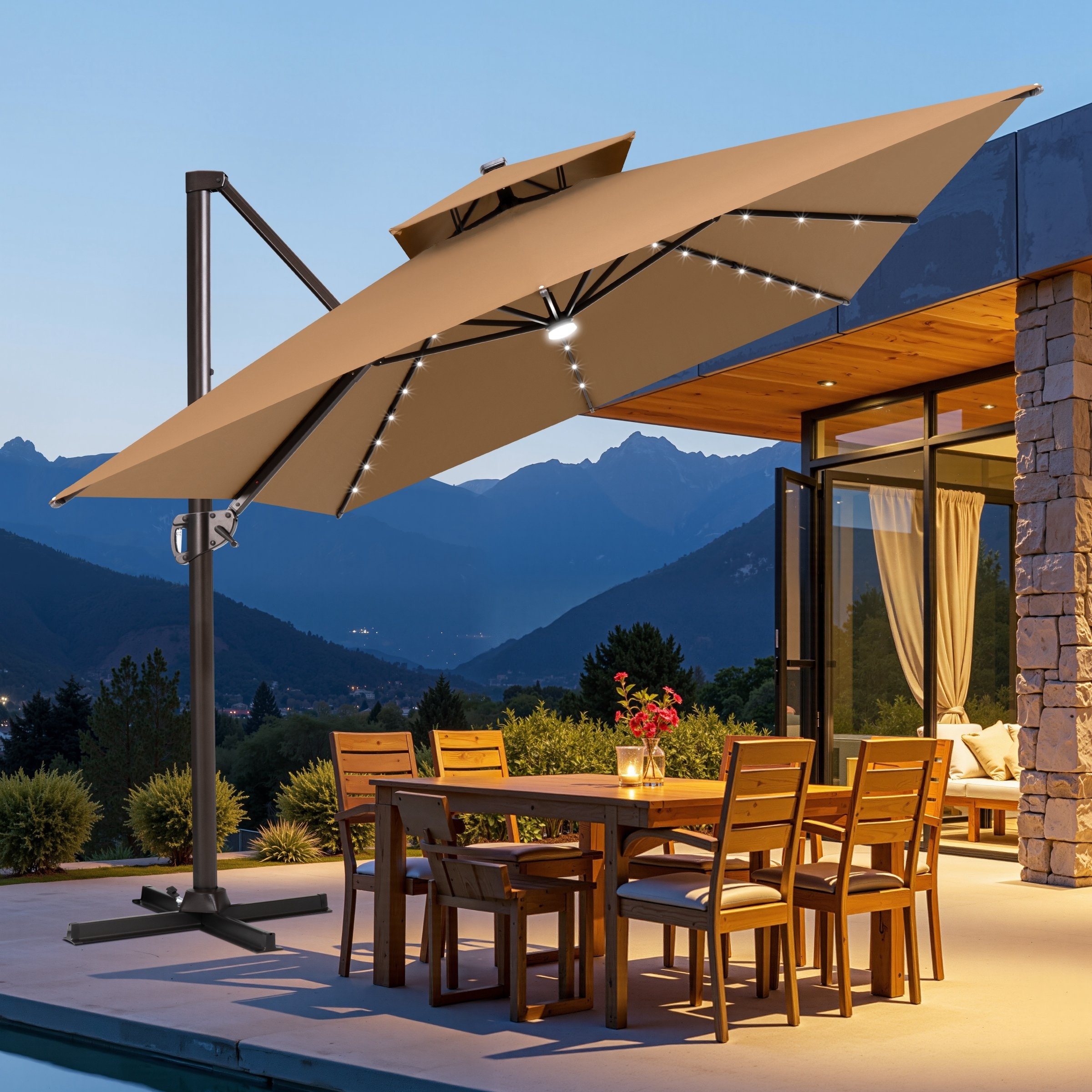 10 ft patio umbrella sunbrella Cantilever Napoli Hanging with Big Base the base must be filled with 265 lbs of sand and water Treasure Garden Special Order Sunbrella