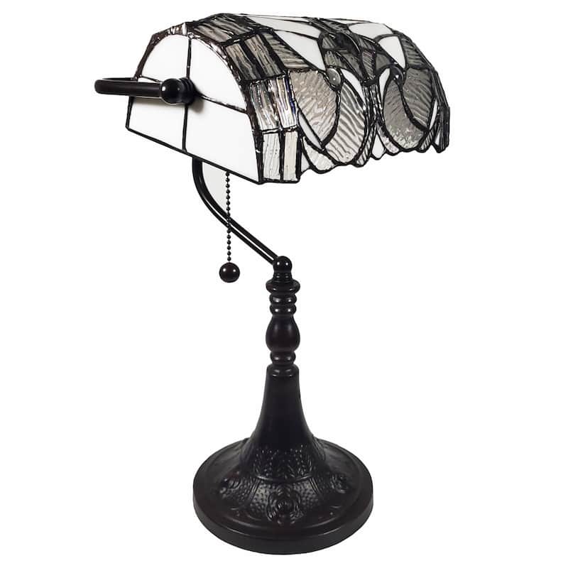 Dark Brown Resin Table Lamp with White Silver-Stained Glass Shade - 11” x 13” x 16” (D x W x H)